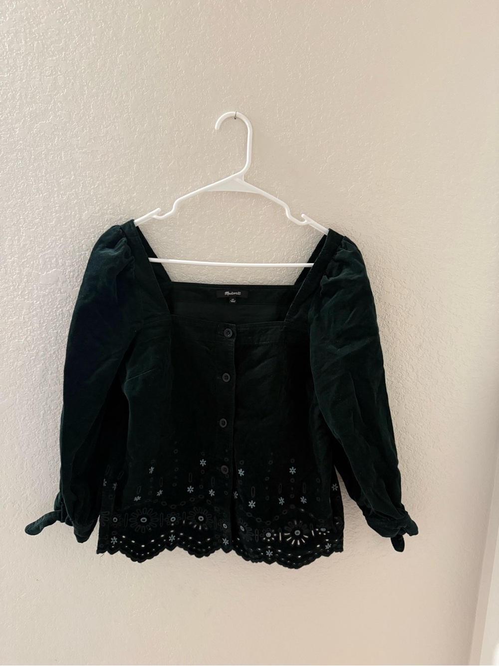 Madewell Dark Green Velvet Square-Neck Button Top with Eyelet Hem
